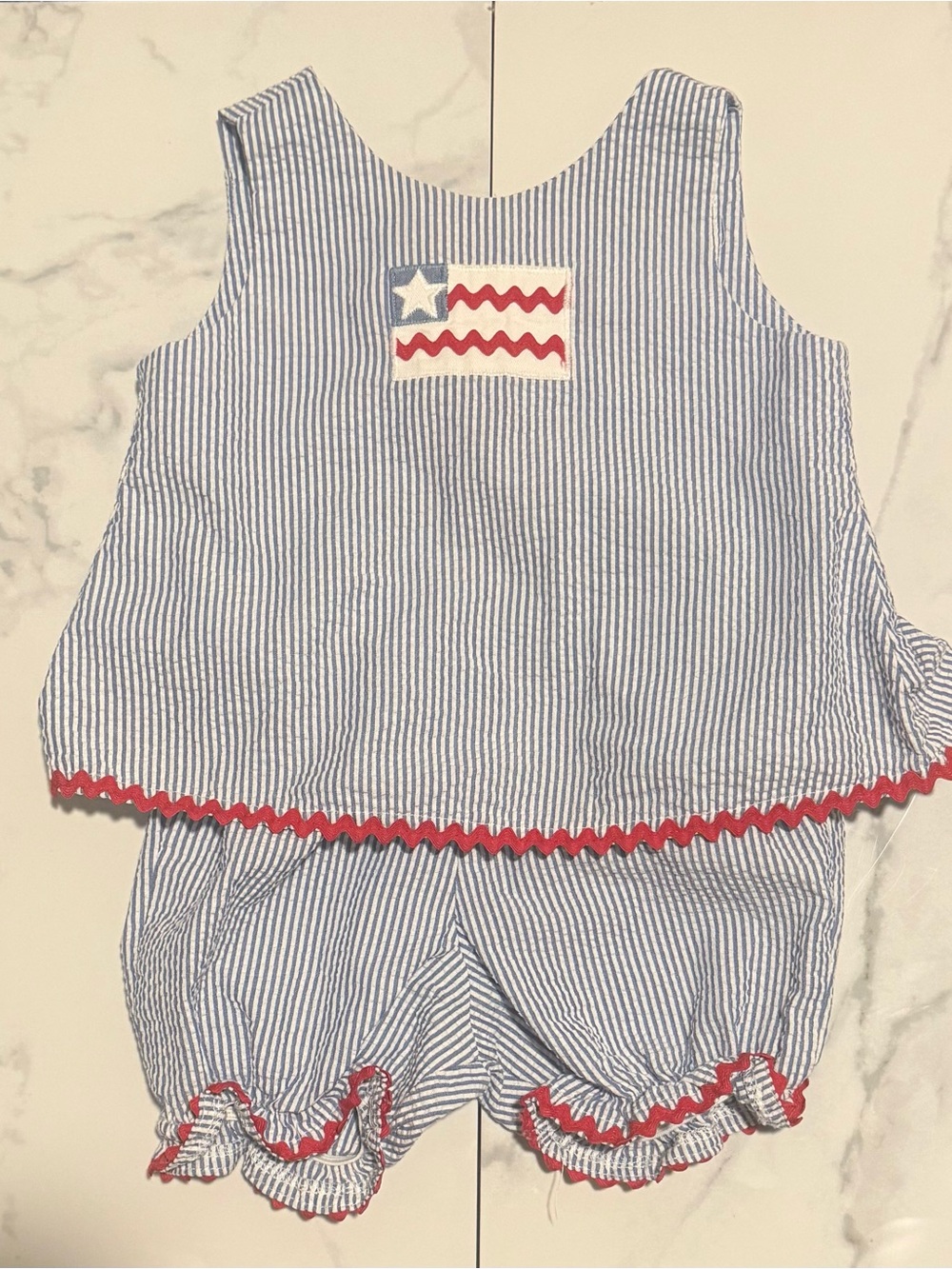 Funtasia…too! Blue Seersucker Girls' Two-Piece Set with Red Trim